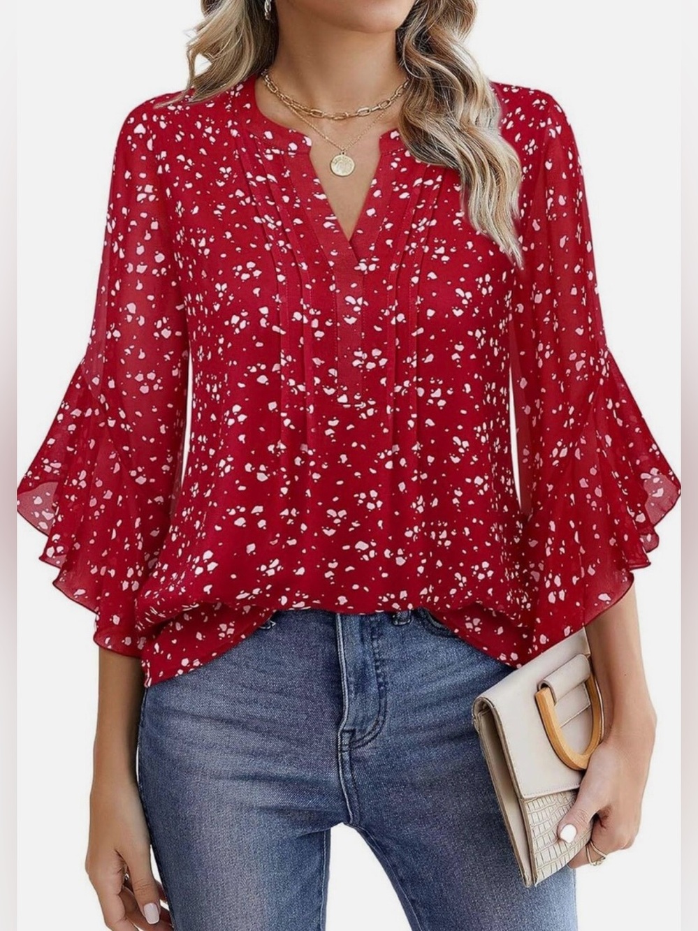 Women's TIMESON  Red  Floral 3/4 Ruffle Sleeve Chiffon  Top   Blouse Size M